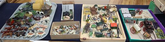 A collection of pre-war Britains Home Farm series models including a boxed farm wagon, boxed timber carriage, boxed tumbrel horse